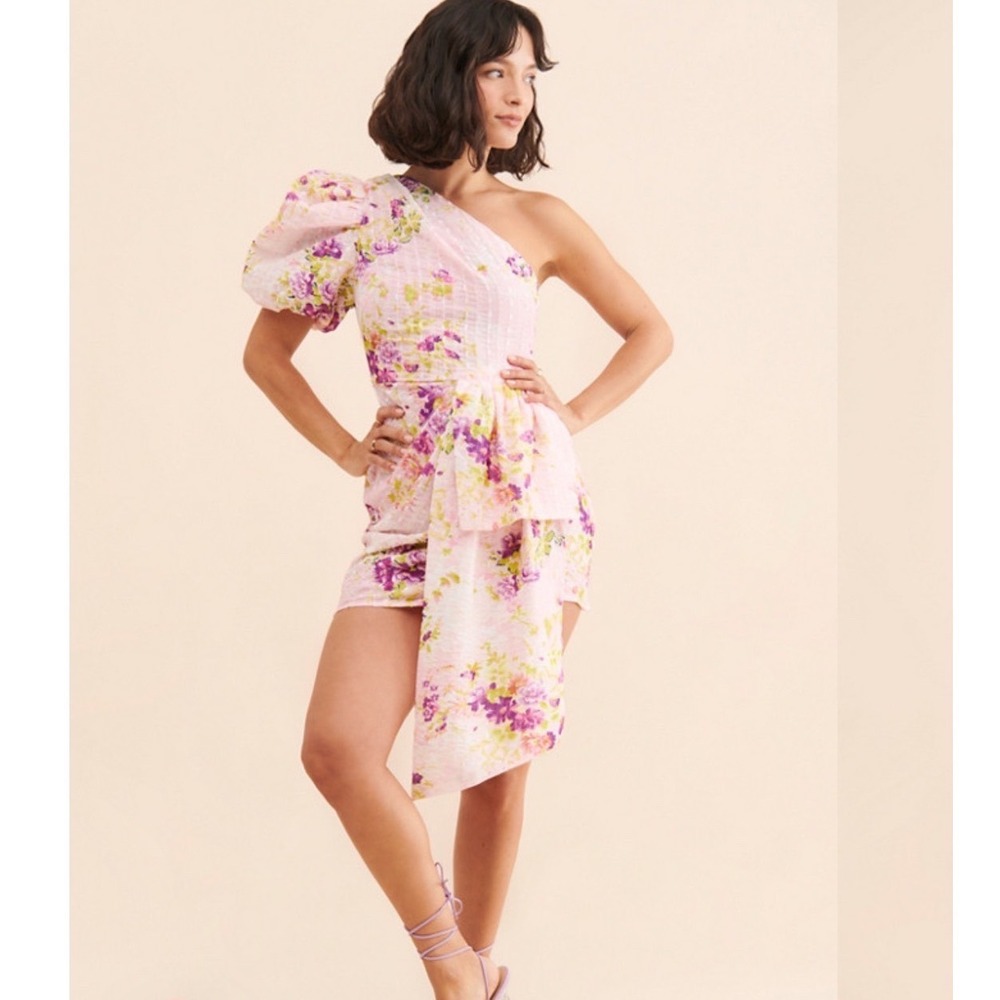 Elliatt Esteem Pink One Shoulder Floral Puff Sleeve Cocktail Mini Dress Size XL